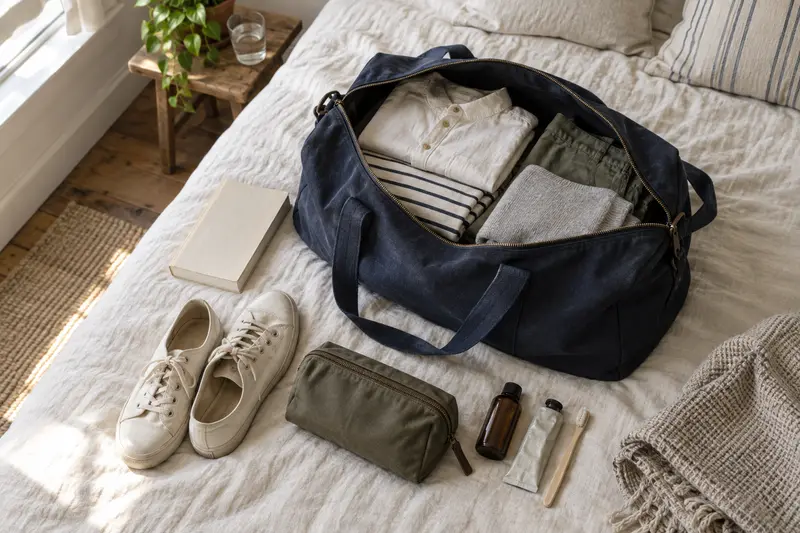 Offene Reisetasche mit Kleidung auf einer hellen Bettdecke.