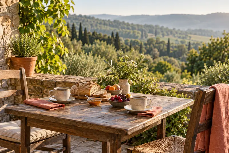 Frühstückstisch für zwei auf einer Terrasse im Grünen.