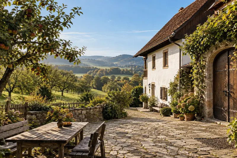Hof mit Obstbäumen, Steinterrasse und Blick auf grüne Hügel.