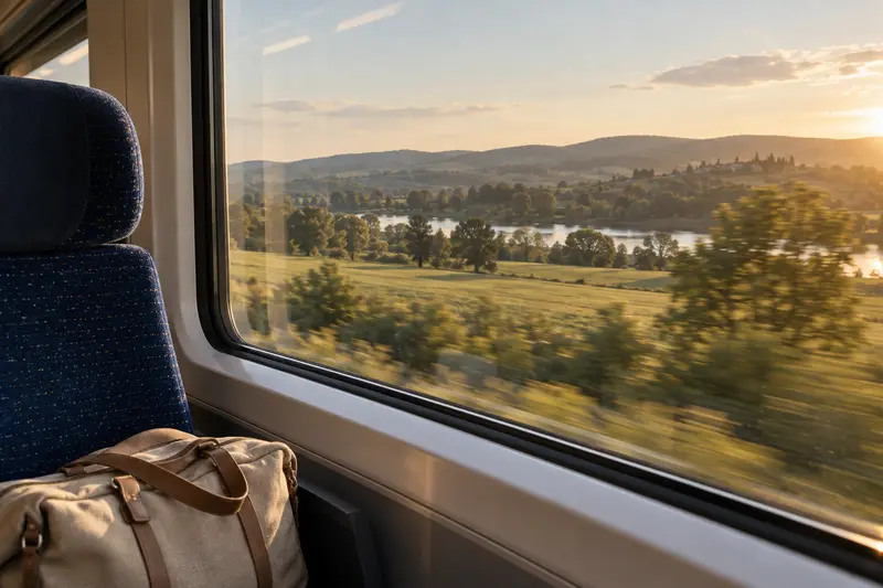 Blick aus einem Zugfenster auf eine hügelige Landschaft.