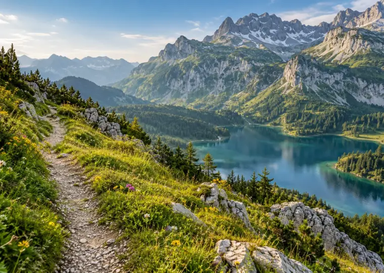KI-Symbolbild: Wanderpfad über einem klaren Alpensee