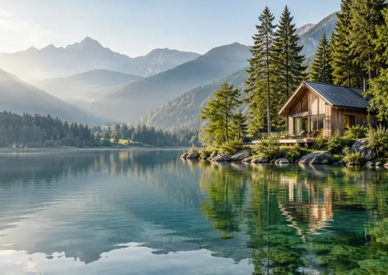 KI-Symbolbild: Holzhaus an einem ruhigen See vor bewaldeten Bergen