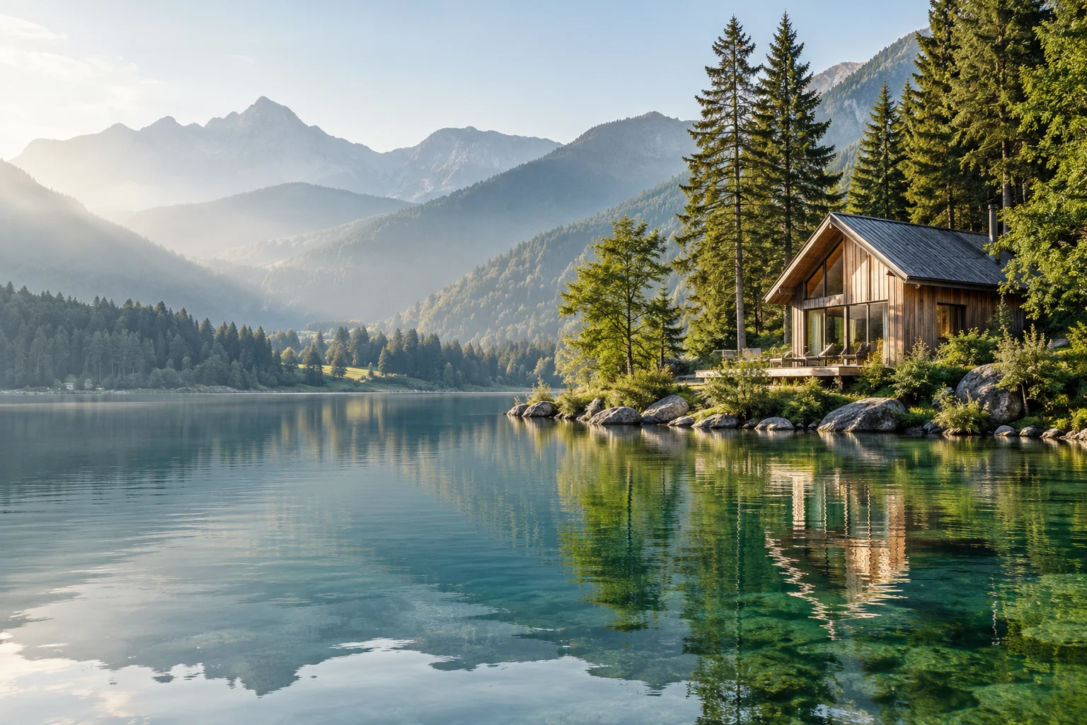 KI-Symbolbild: Holzhaus an einem ruhigen See vor bewaldeten Bergen