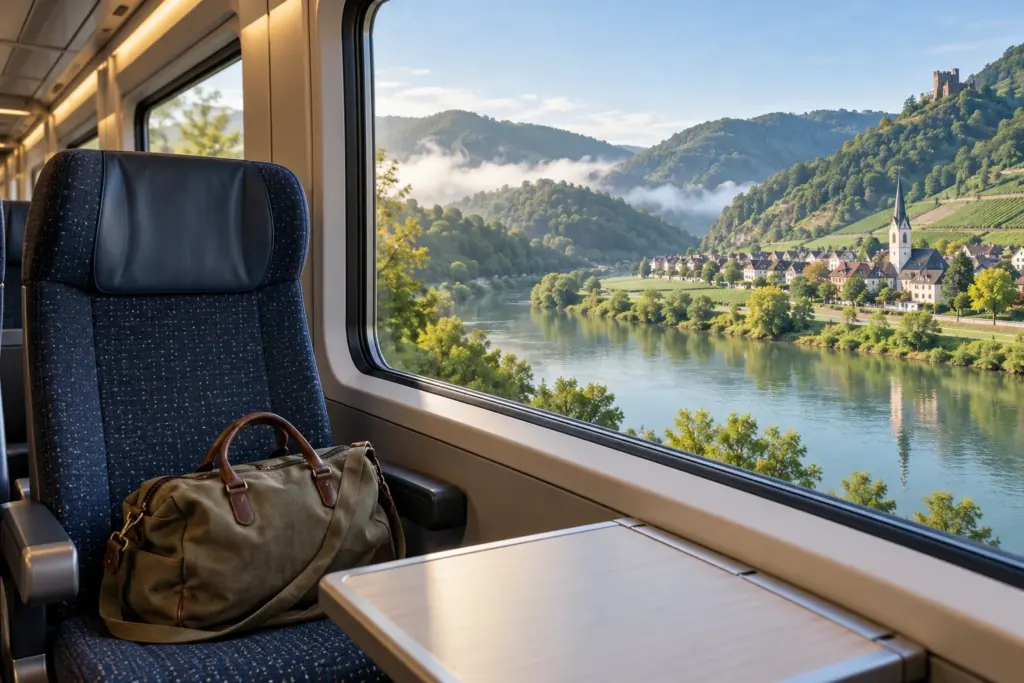 KI-Symbolbild: Blick aus einem Zugfenster auf ein grünes Flusstal