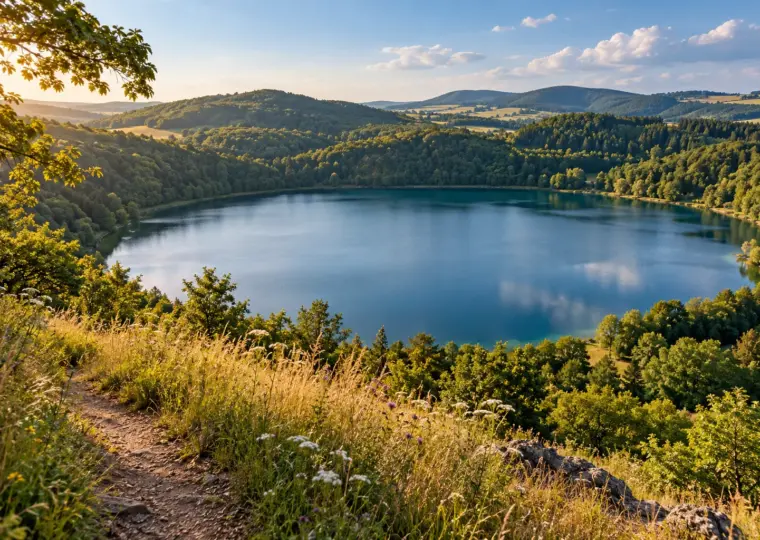 KI-Symbolbild: Bewaldete Hügel um einen Maarsee in der Eifel