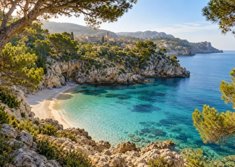 KI-Symbolbild: Bucht mit Pinien und türkisfarbenem Wasser auf Mallorca