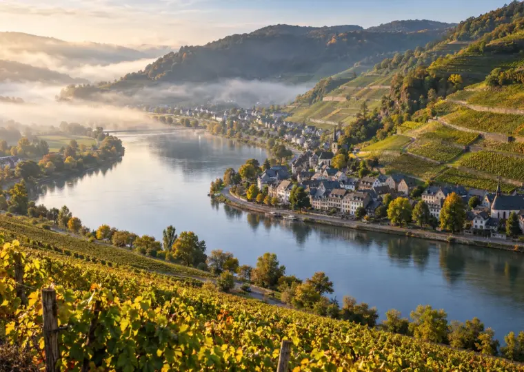 KI-Symbolbild: Flussschleife mit steilen Weinbergen an der Mosel