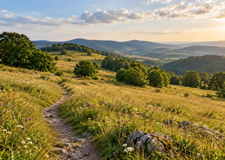 KI-Symbolbild: Wiesenweg über sanfte offene Höhen in der Rhön