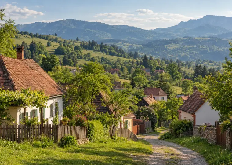 KI-Symbolbild: Dorf und grüne Hügellandschaft in Transsilvanien