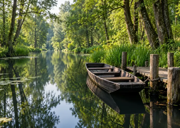 KI-Symbolbild: Holzkahn an einem ruhigen Wasserlauf im Spreewald