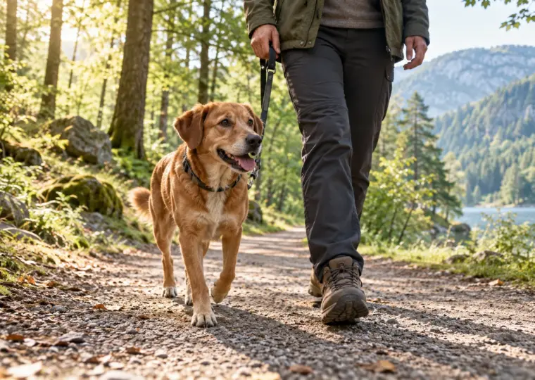 KI-Symbolbild: Hund an der Leine bei einem Spaziergang im Wald