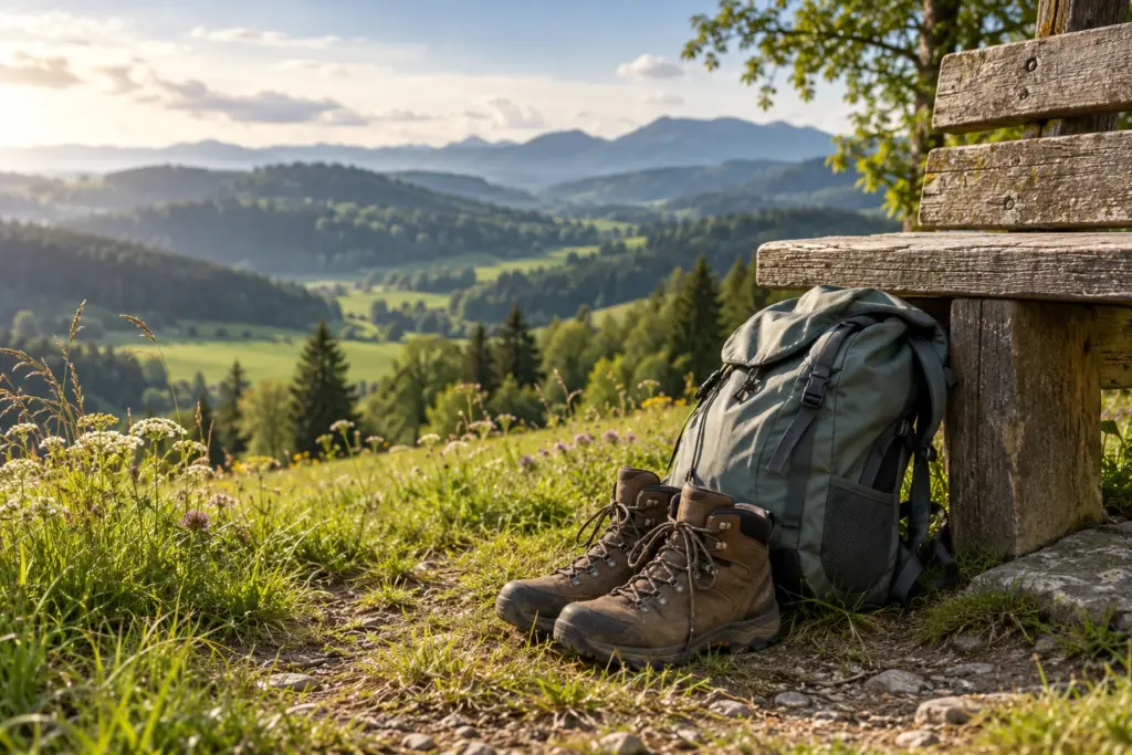 KI-Symbolbild: Wanderschuhe und Tagesrucksack an einer Bank im Grünen