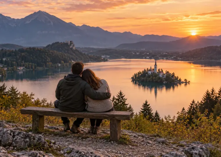 KI-Symbolbild: Paar auf einer Bank mit weitem Blick über einen See