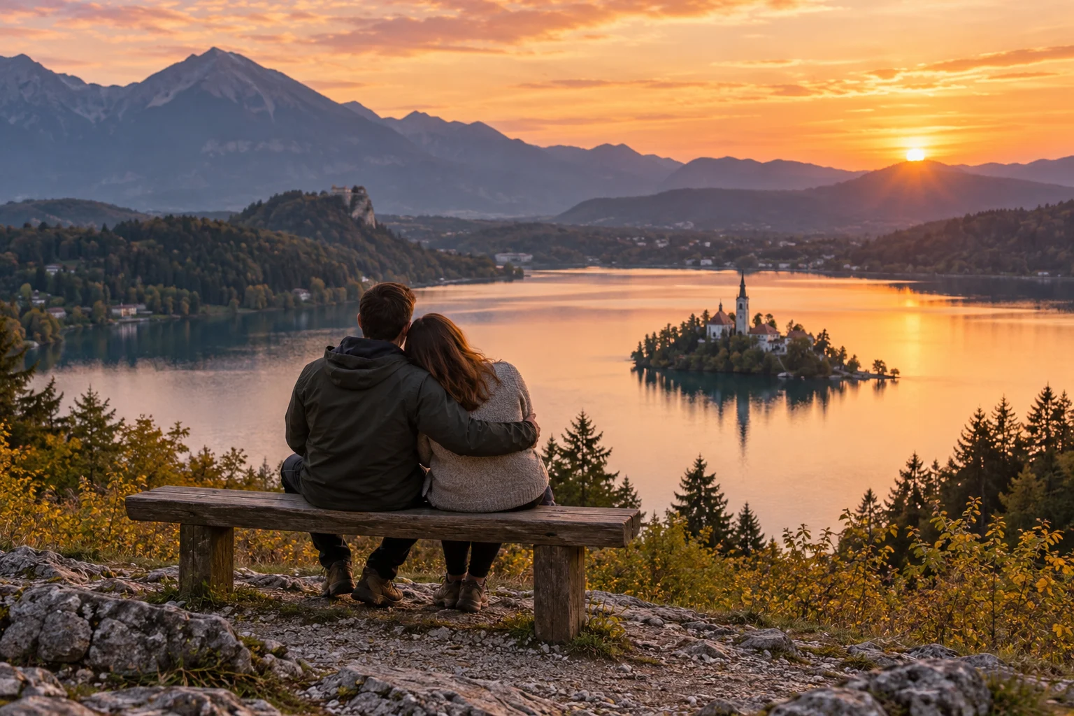 KI-Symbolbild: Paar auf einer Bank mit weitem Blick über einen See